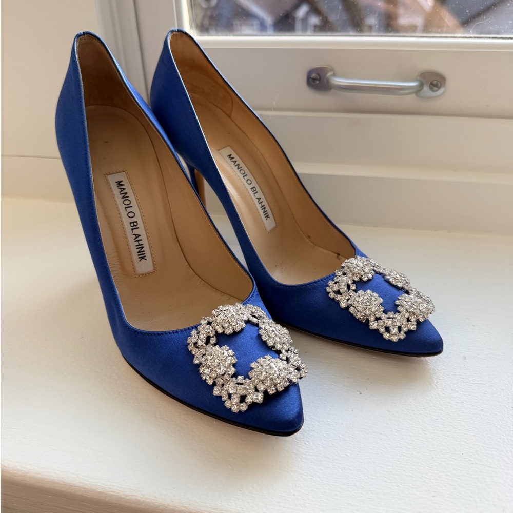 Manolo Blahnik Blue Satin Pumps with Crystal Embellishments